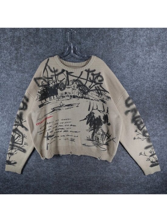 PacSun Other - Pacsun Scrap The City Cropped Sweater Mens L Cream Comfort Streetwear Graphic